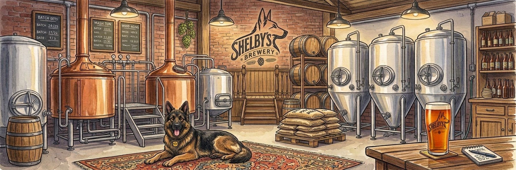 Shelby lying in front of the Shelby's Brewery tanks and copper kettles