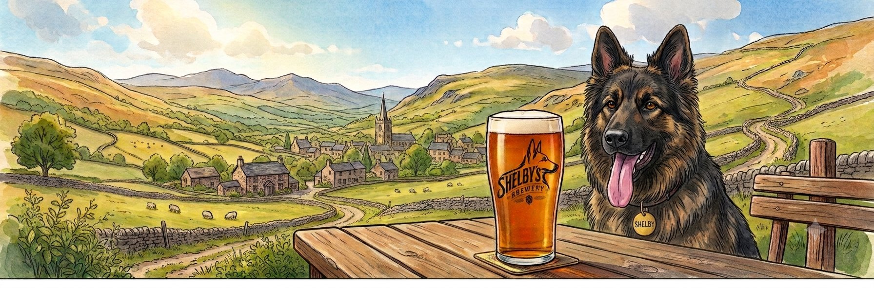 Shelby the German Shepherd beside a pint of Shelby's Brewery beer, overlooking a valley village